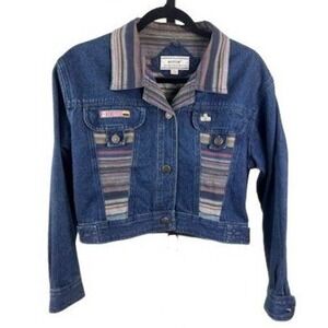 Vintage Boton Intl. Ltd Denim Jacket Women's Size XL Stripes Patch Global Flags